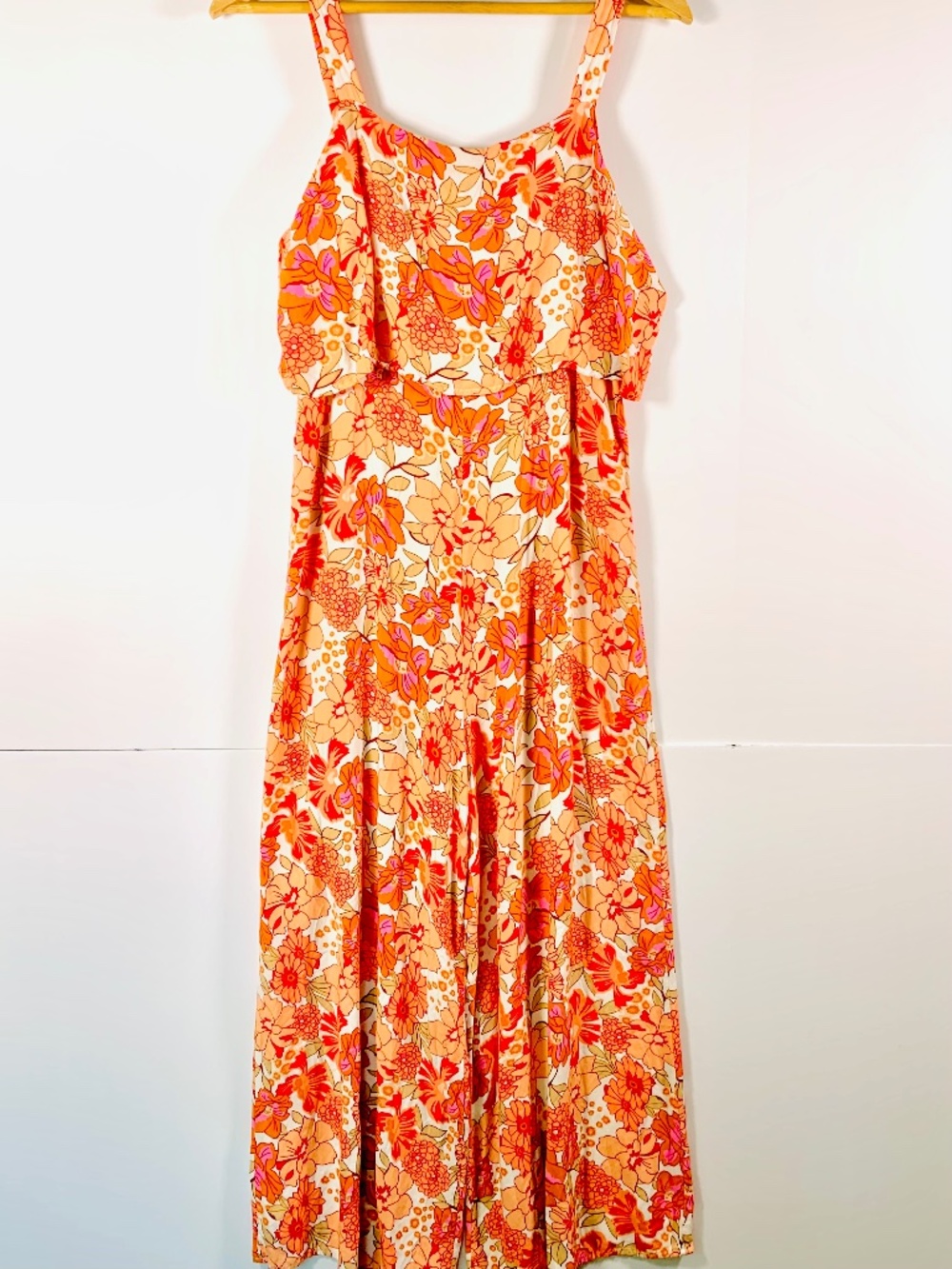 SHEIN boho wide leg flowy jumpsuit Hawaiian Tropical floral orange yellow white